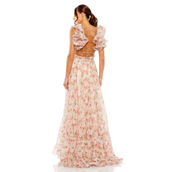 Mac Duggal NEW Ruffle Tiered Cut-Out Lace-up Chiffon‎ Floral Gown $598 - Size 4 - Picture 11 of 16